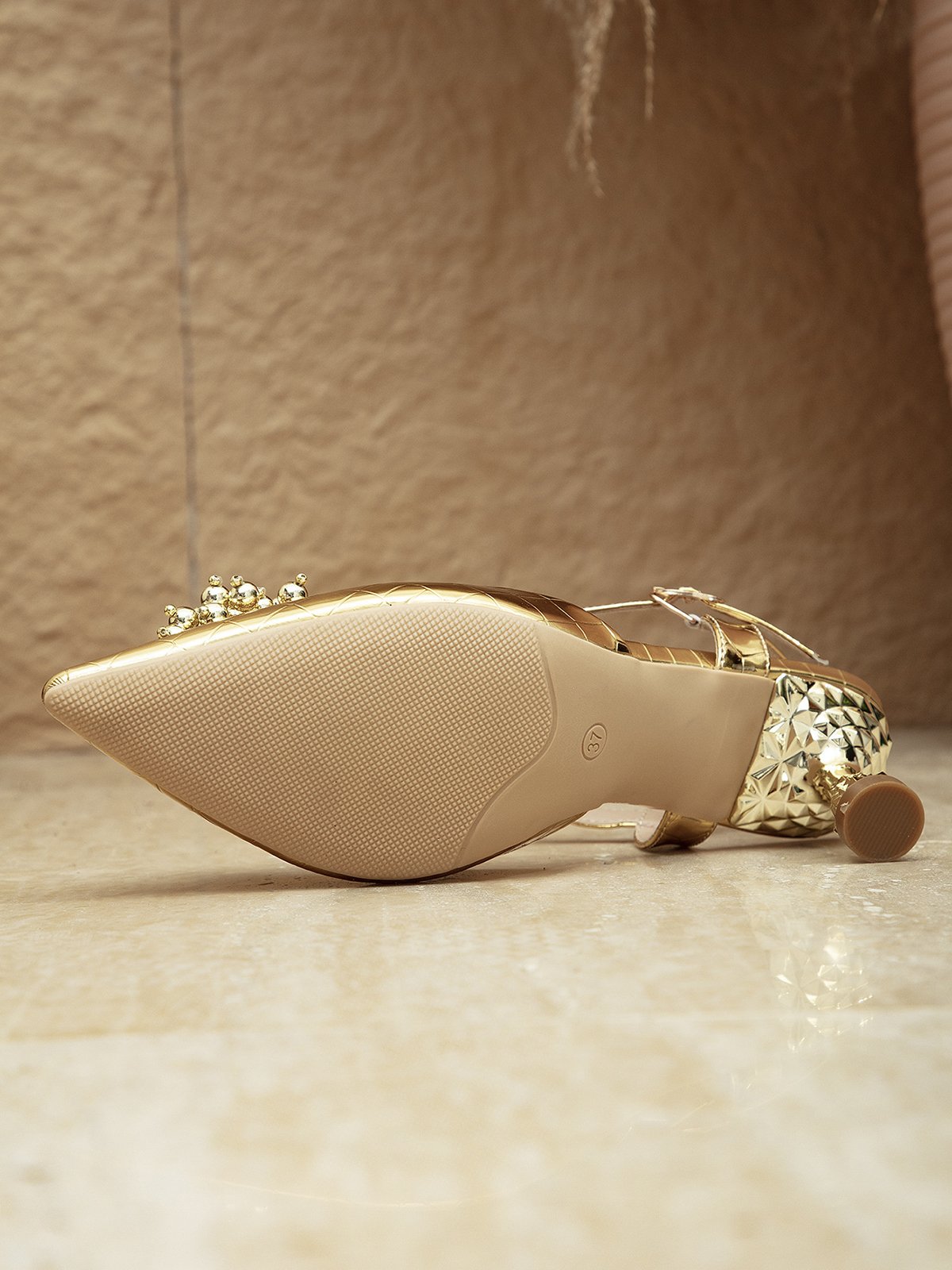 Glamorous Embossed Pyramid Heeled Ankle Strap Pumps