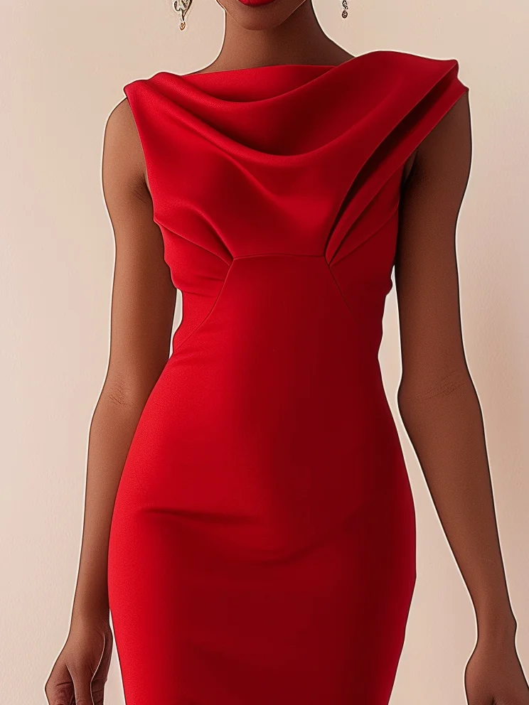 Red Cowl Neck Sleeveless Sheath Midi Dress