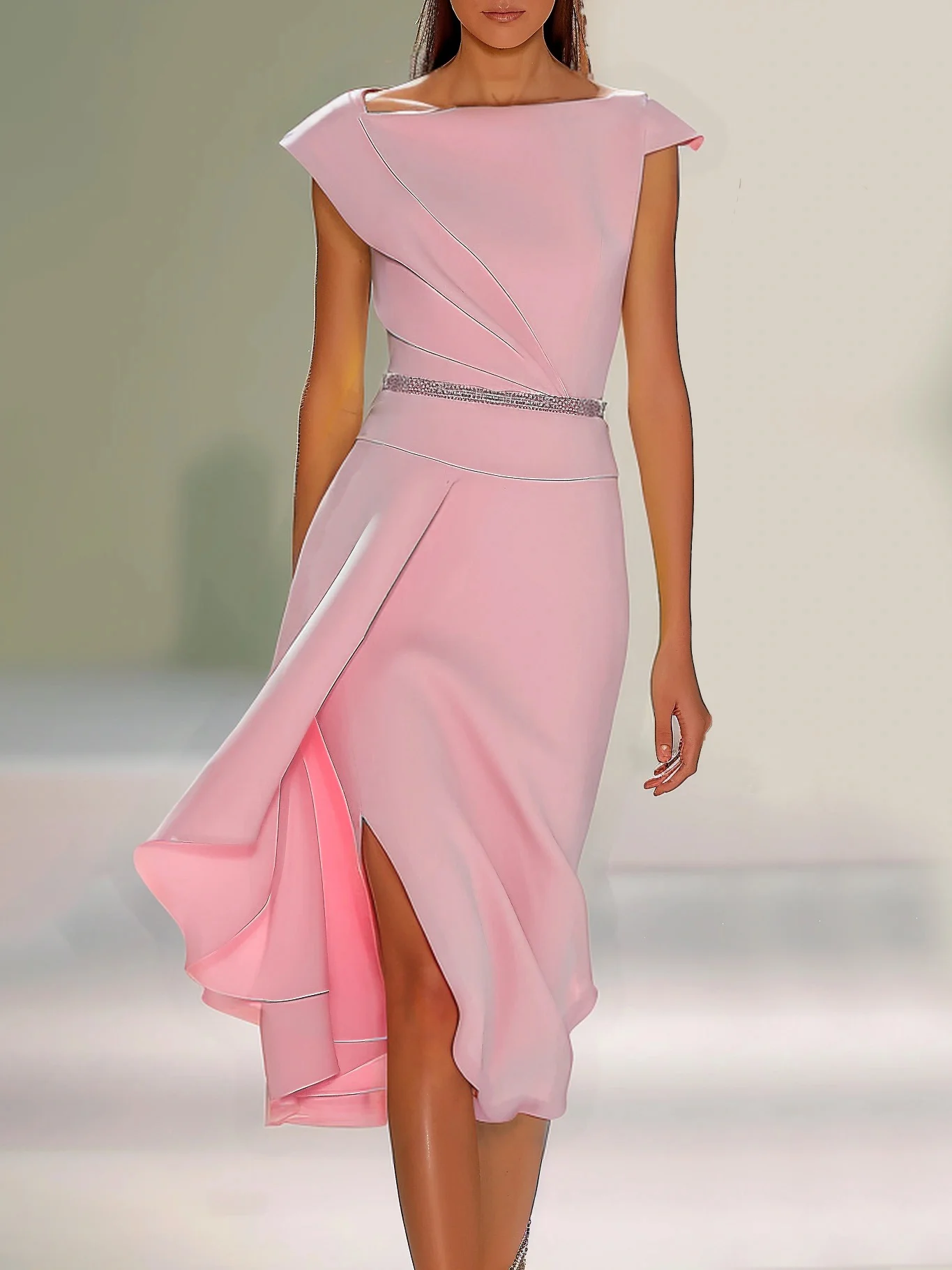 Pink Asymmetrical Neck Cap Sleeve Rhinestone A-Line Midi Dress 