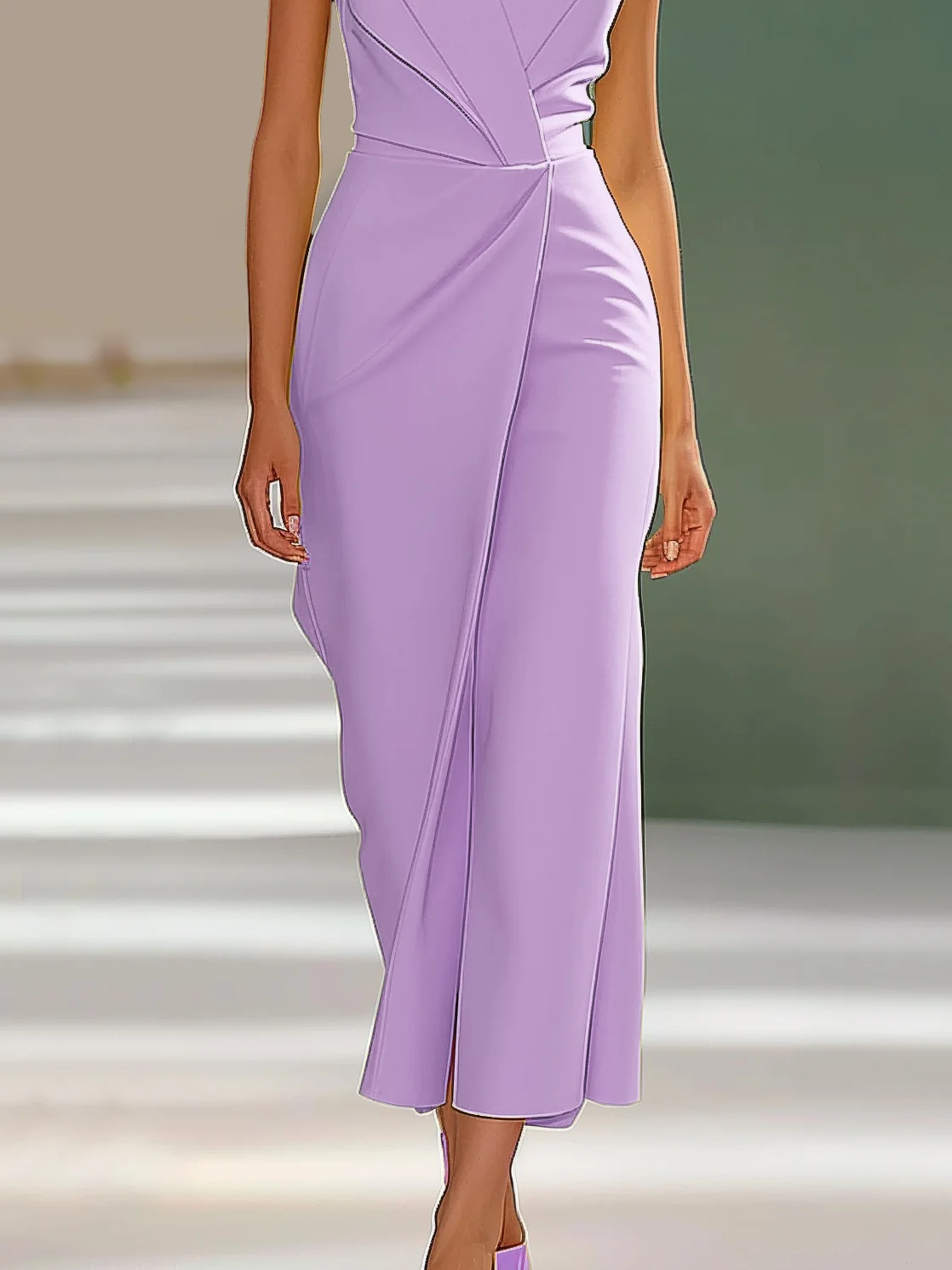 Purple V Neck Cap Sleeve A-Line Midi Dress