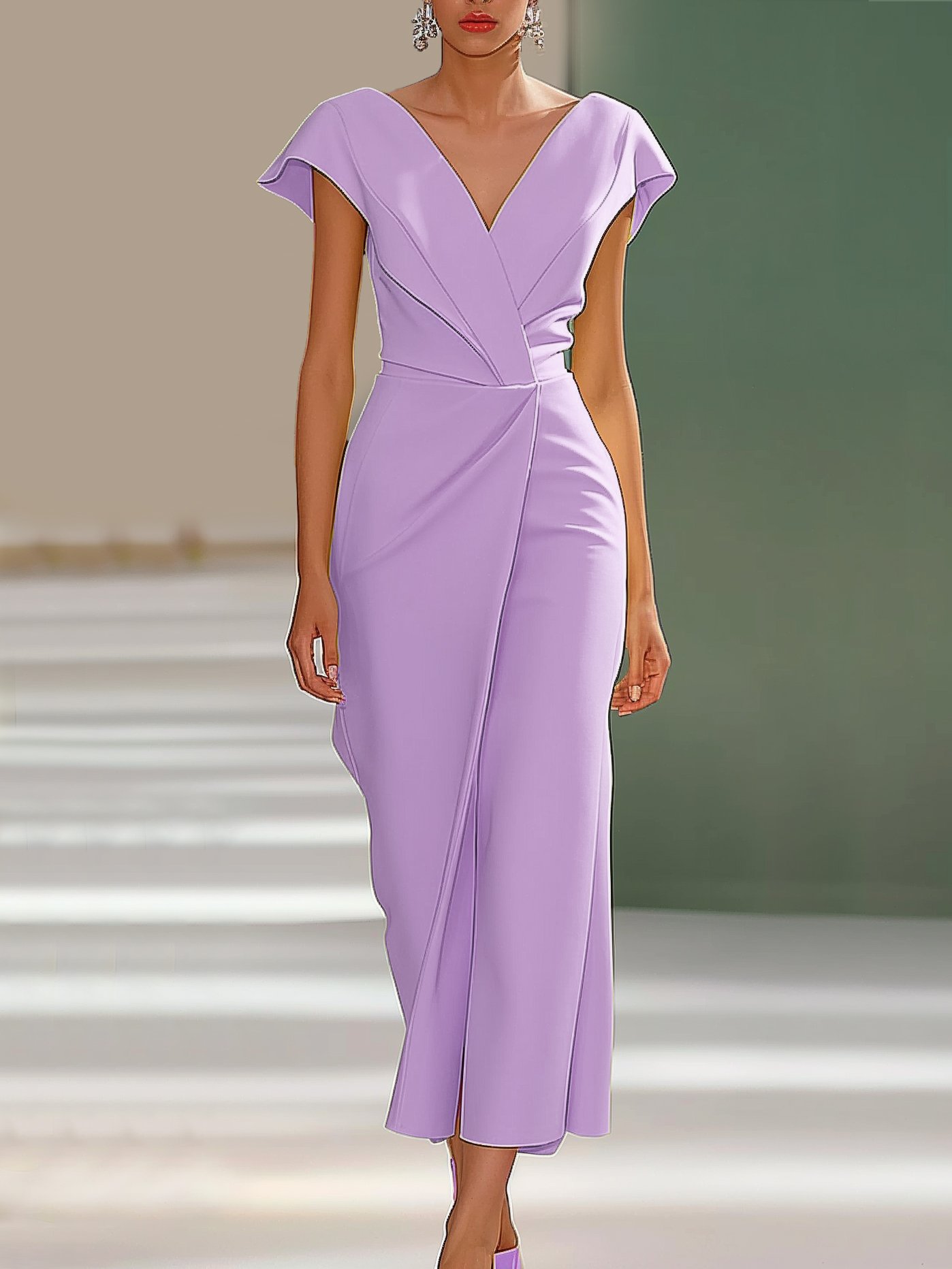 Purple V Neck Cap Sleeve A-Line Midi Dress