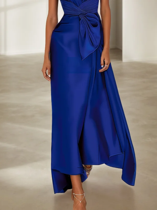 Blue Cap Sleeve Bow Satin A-Line Maxi Dress