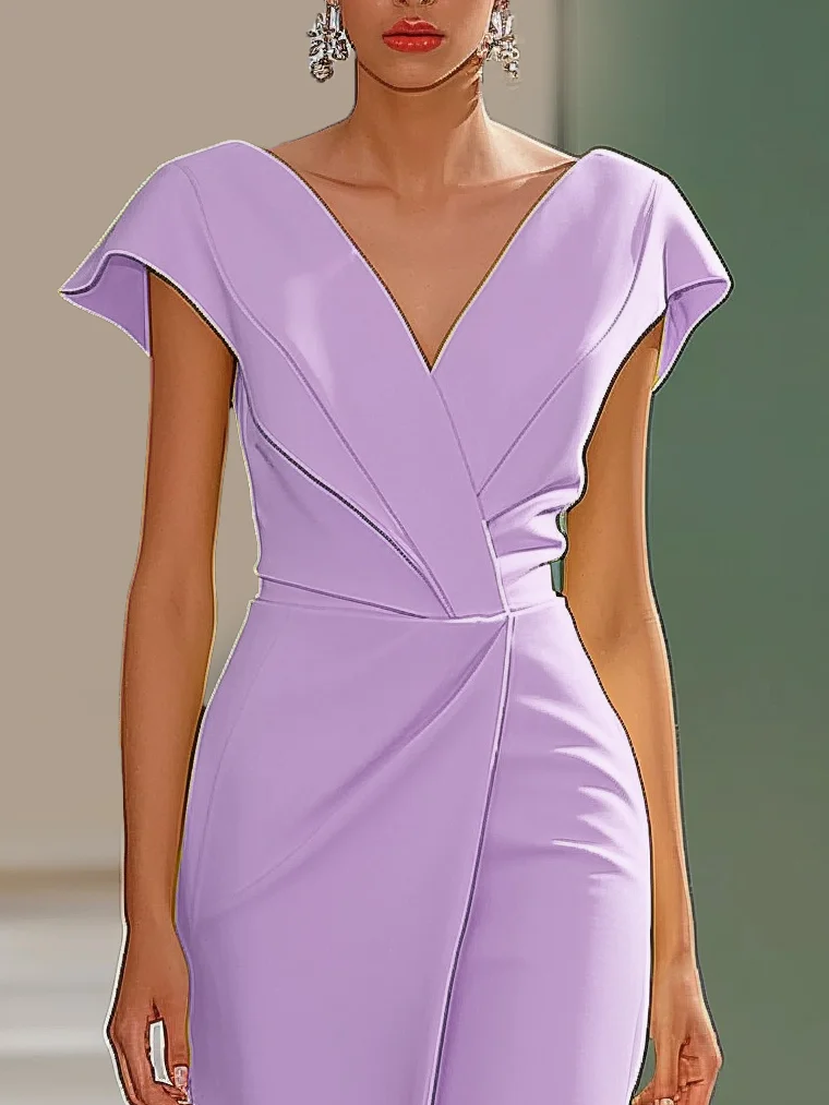 Purple V Neck Cap Sleeve A-Line Midi Dress