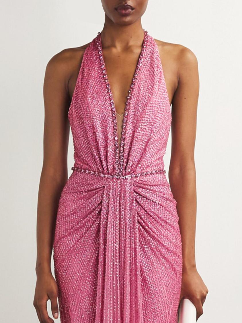 Pink V Neck Sleeveless Sequin Halter Maxi Party Dress