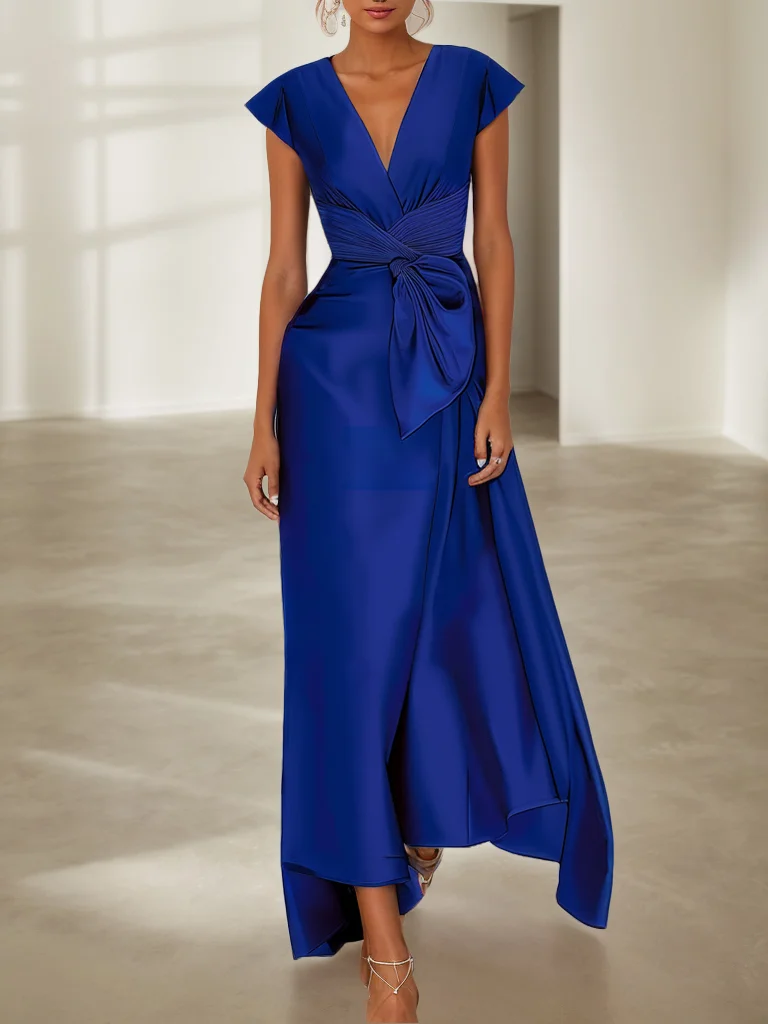 Blue Cap Sleeve Bow Satin A-Line Maxi Dress