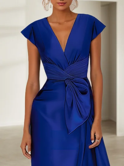 Blue Cap Sleeve Bow Satin A-Line Maxi Dress