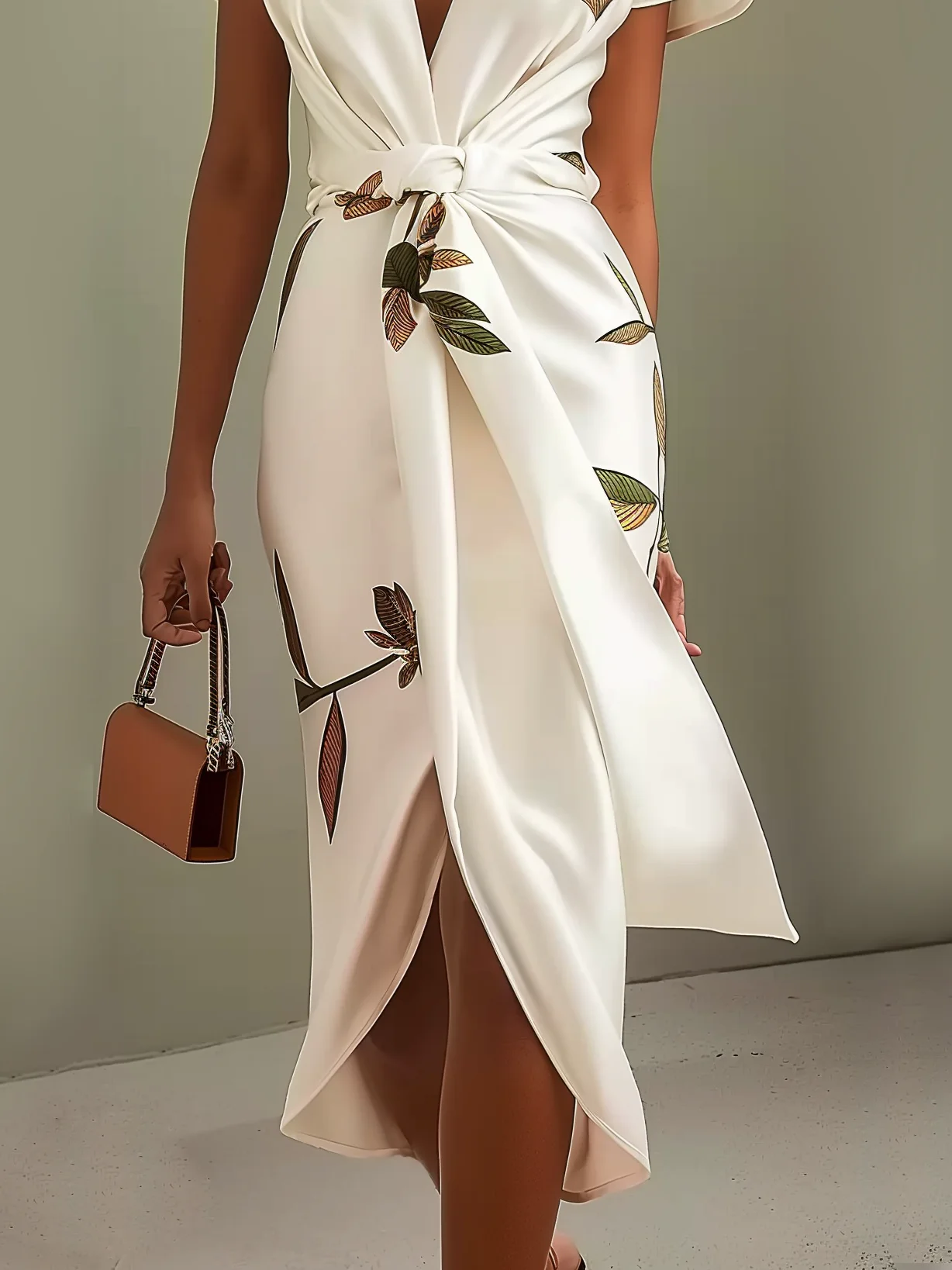 White Leaf Short Sleeve Satin Wrap Sheath Midi Dress