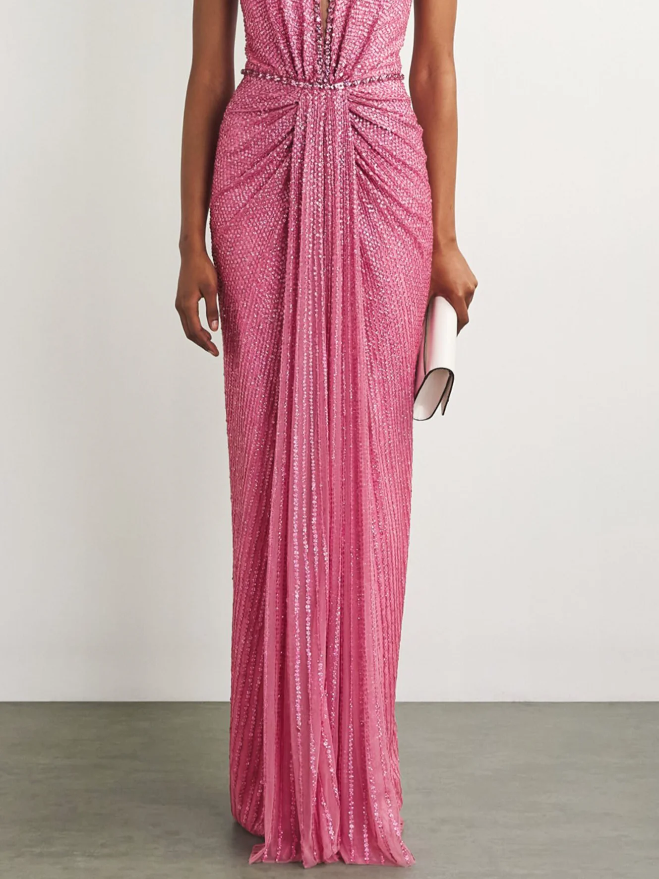 Pink V Neck Sleeveless Sequin Halter Maxi Party Dress