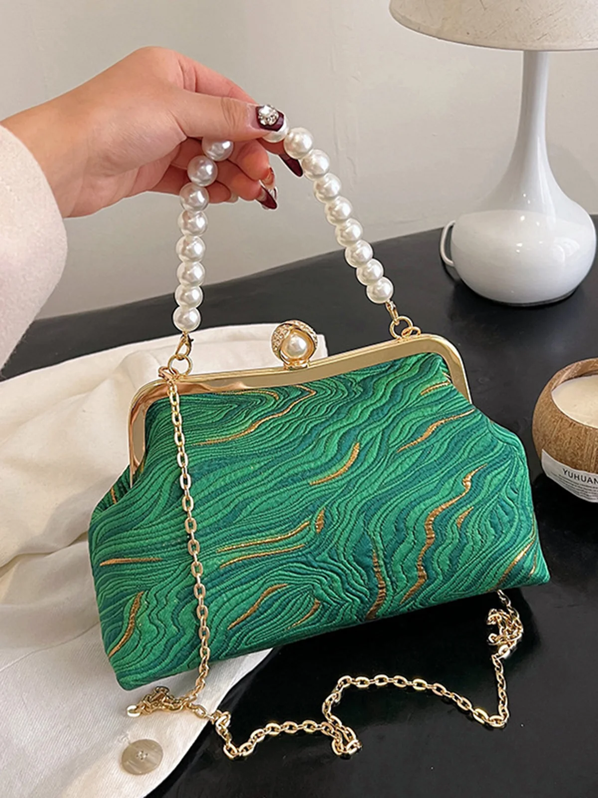Elegant Imitation Pearl Beaded Handbag Clutch Bag with Detachable Crossbody Strap