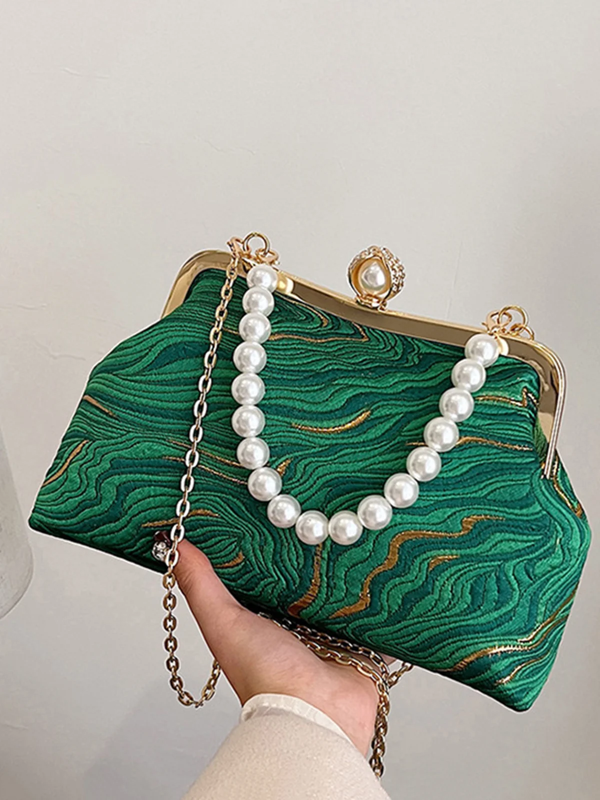 Elegant Imitation Pearl Beaded Handbag Clutch Bag with Detachable Crossbody Strap