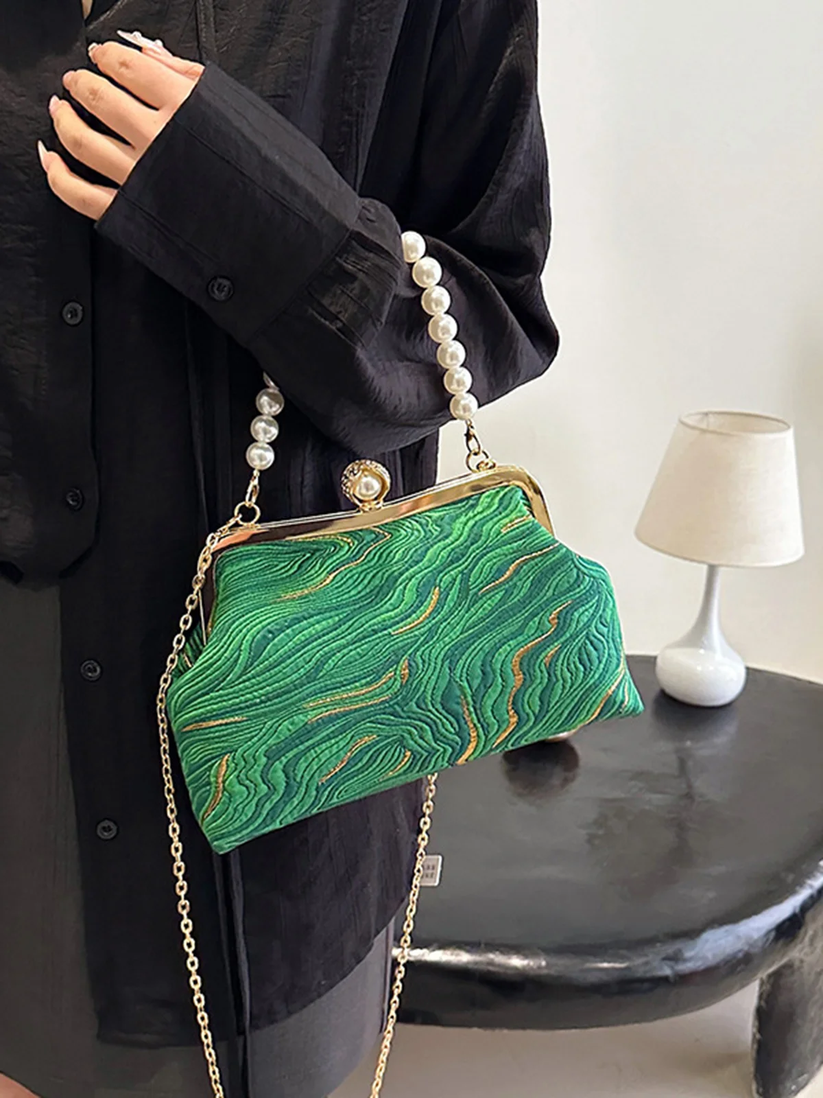 Elegant Imitation Pearl Beaded Handbag Clutch Bag with Detachable Crossbody Strap