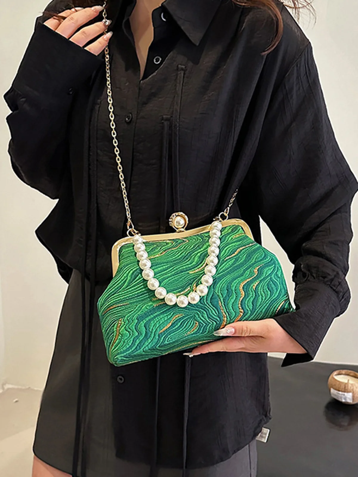 Elegant Imitation Pearl Beaded Handbag Clutch Bag with Detachable Crossbody Strap