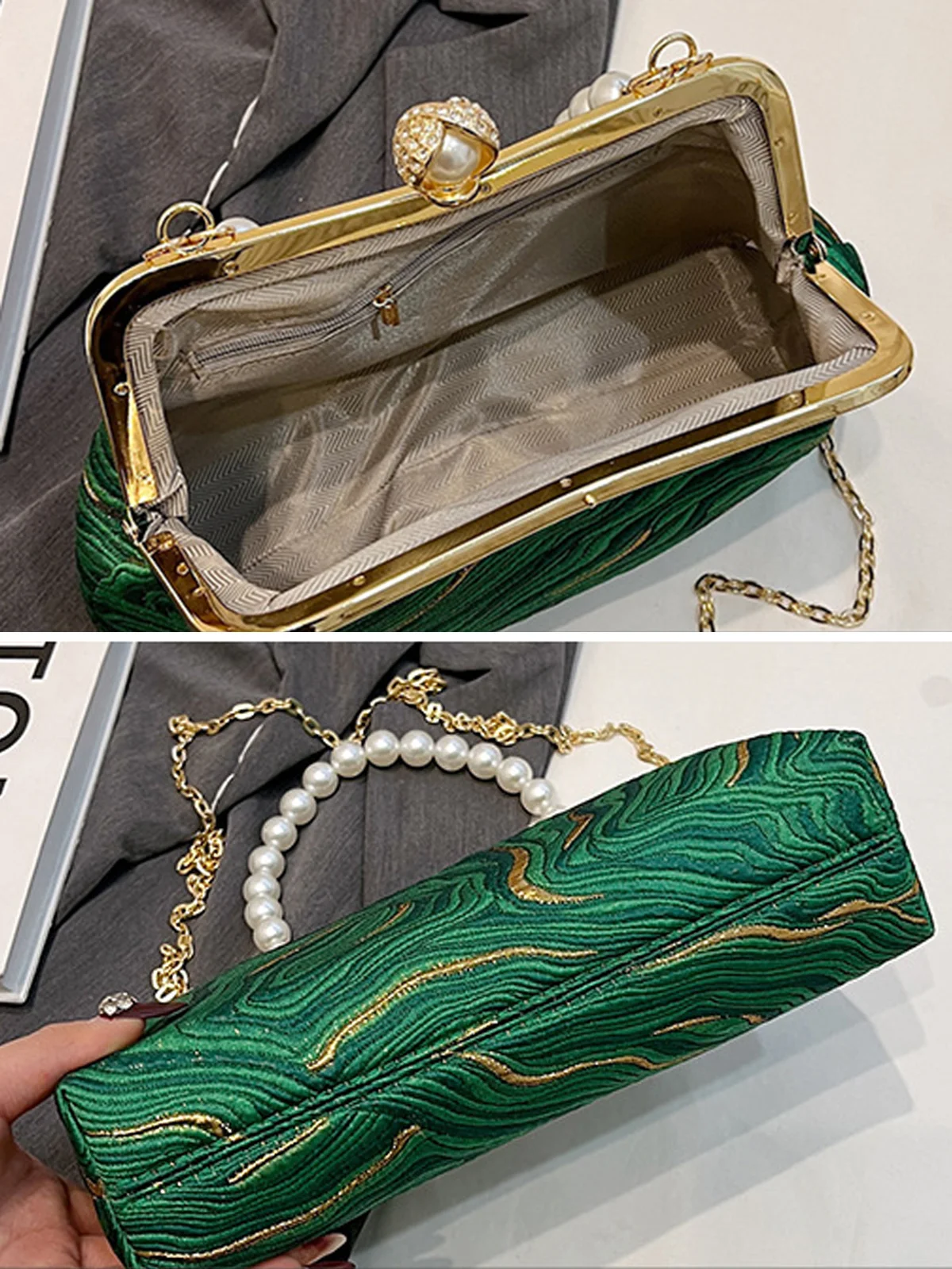 Elegant Imitation Pearl Beaded Handbag Clutch Bag with Detachable Crossbody Strap