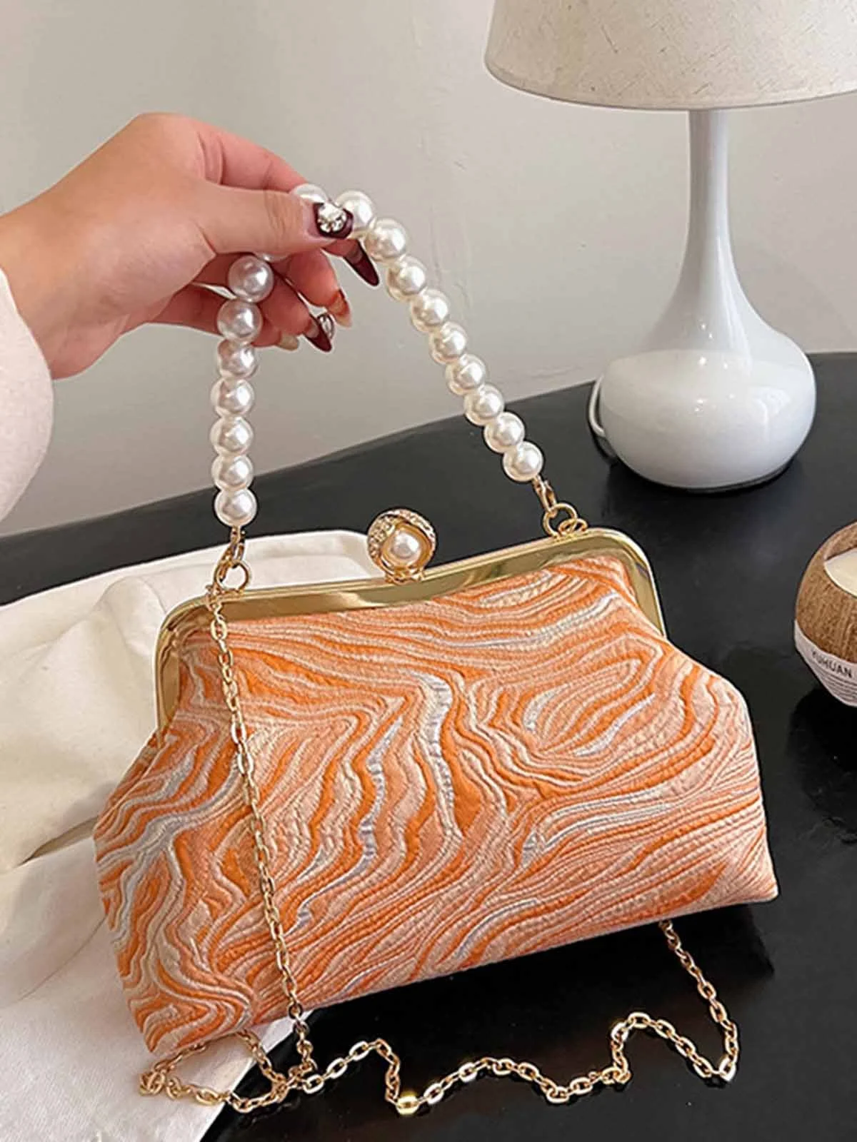 Elegant Imitation Pearl Beaded Handbag Clutch Bag with Detachable Crossbody Strap