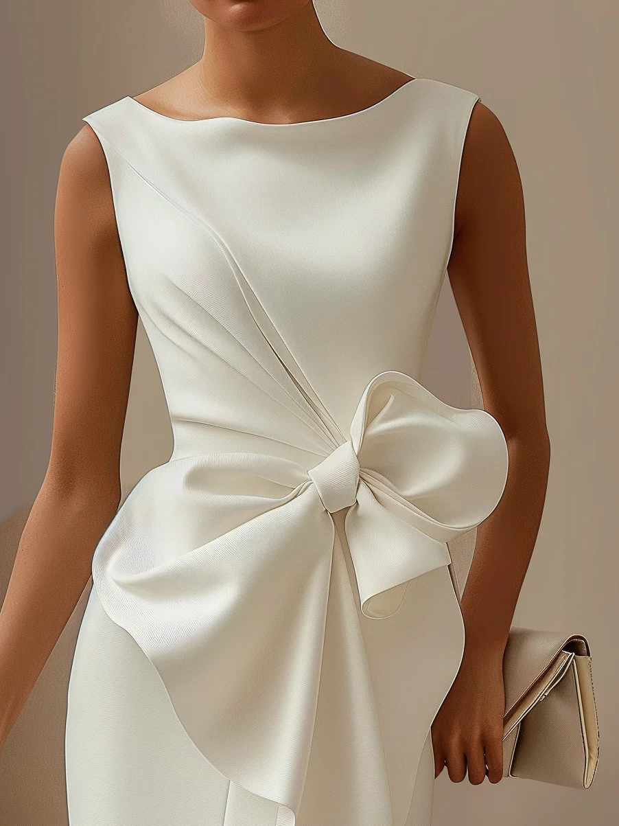 White 3D Bow Sleeveless Sheath Midi Dress