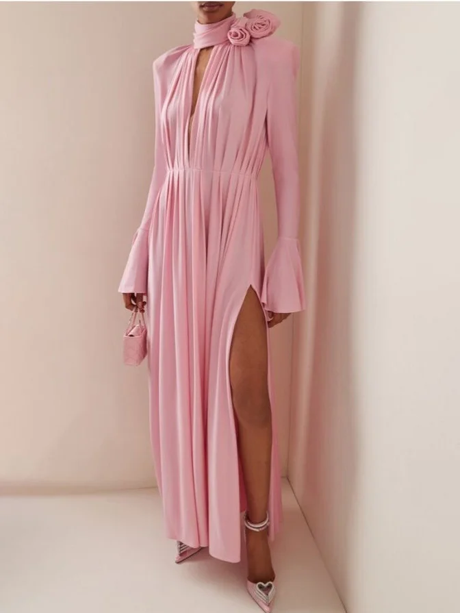 Pink 3D Floral Bell Sleeve Slit Maxi Dress