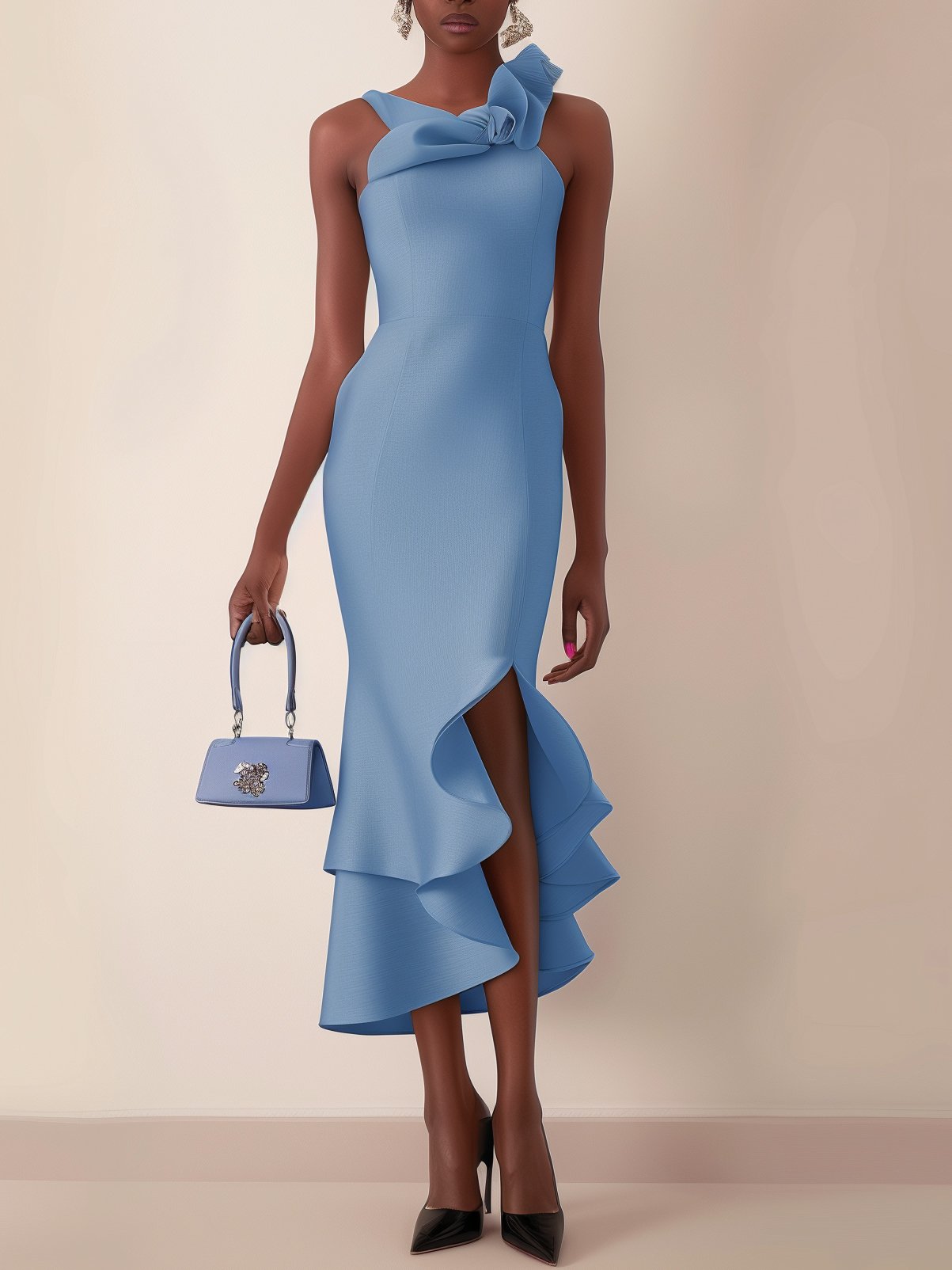 Blue Ruched Sleeveless Ruffled Sheath Midi Dress