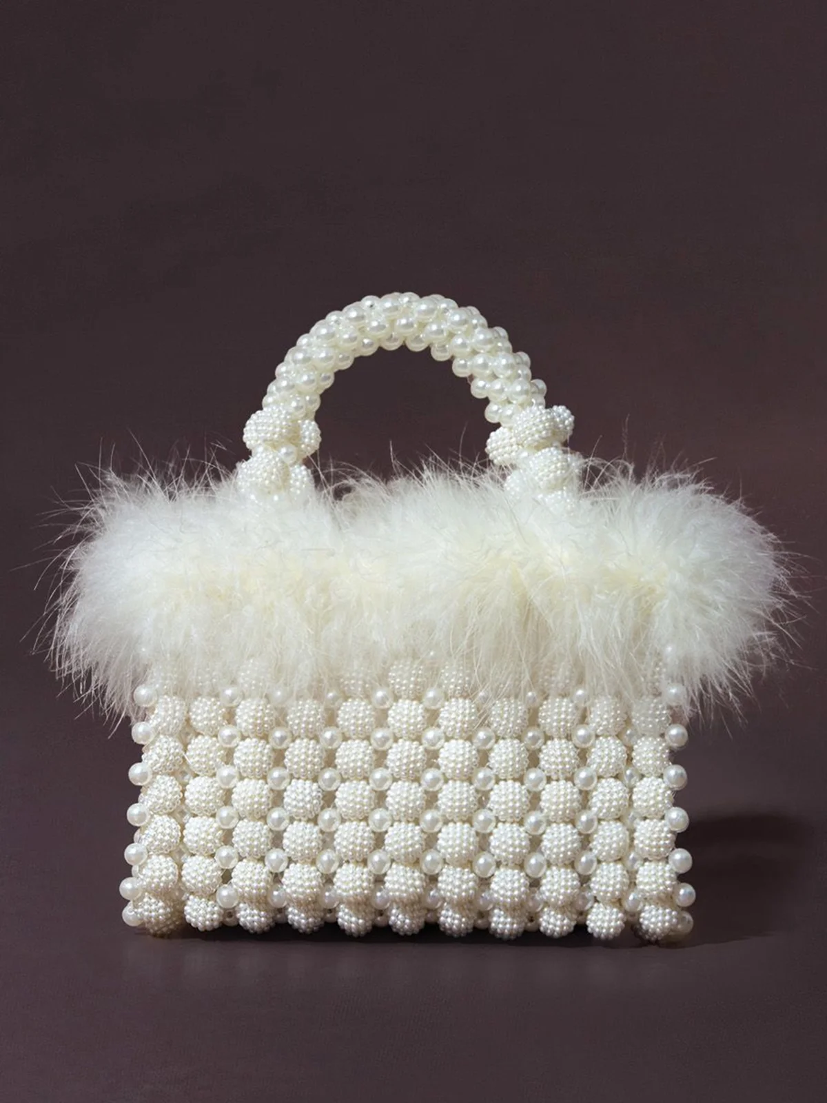 Elegant Faux Pearls Beaded Imitation Feather Handbag with Detachable Crossbody Strap