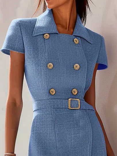 Blue Short Sleeve Knee-Length Shirt Dress