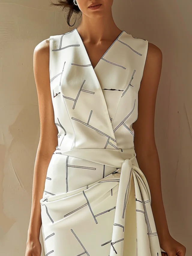 White Geometric Sleeveless A-Line Midi Dress