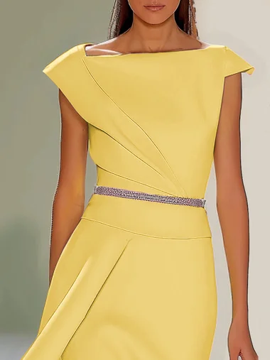 Pink Asymmetrical Neck Cap Sleeve Rhinestone A-Line Midi Dress 