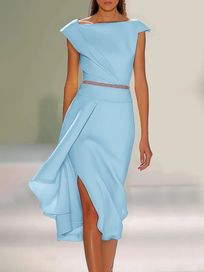 Light Blue  Asymmetrical Neck Cap Sleeve Rhinestone A-Line Midi Dress 