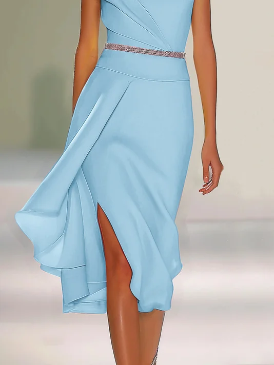 Light Blue  Asymmetrical Neck Cap Sleeve Rhinestone A-Line Midi Dress 