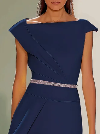 Purplish Blue Asymmetrical Neck Cap Sleeve Rhinestone A-Line Midi Dress 