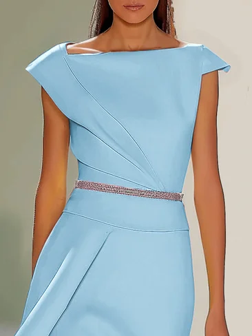 Light Blue  Asymmetrical Neck Cap Sleeve Rhinestone A-Line Midi Dress 