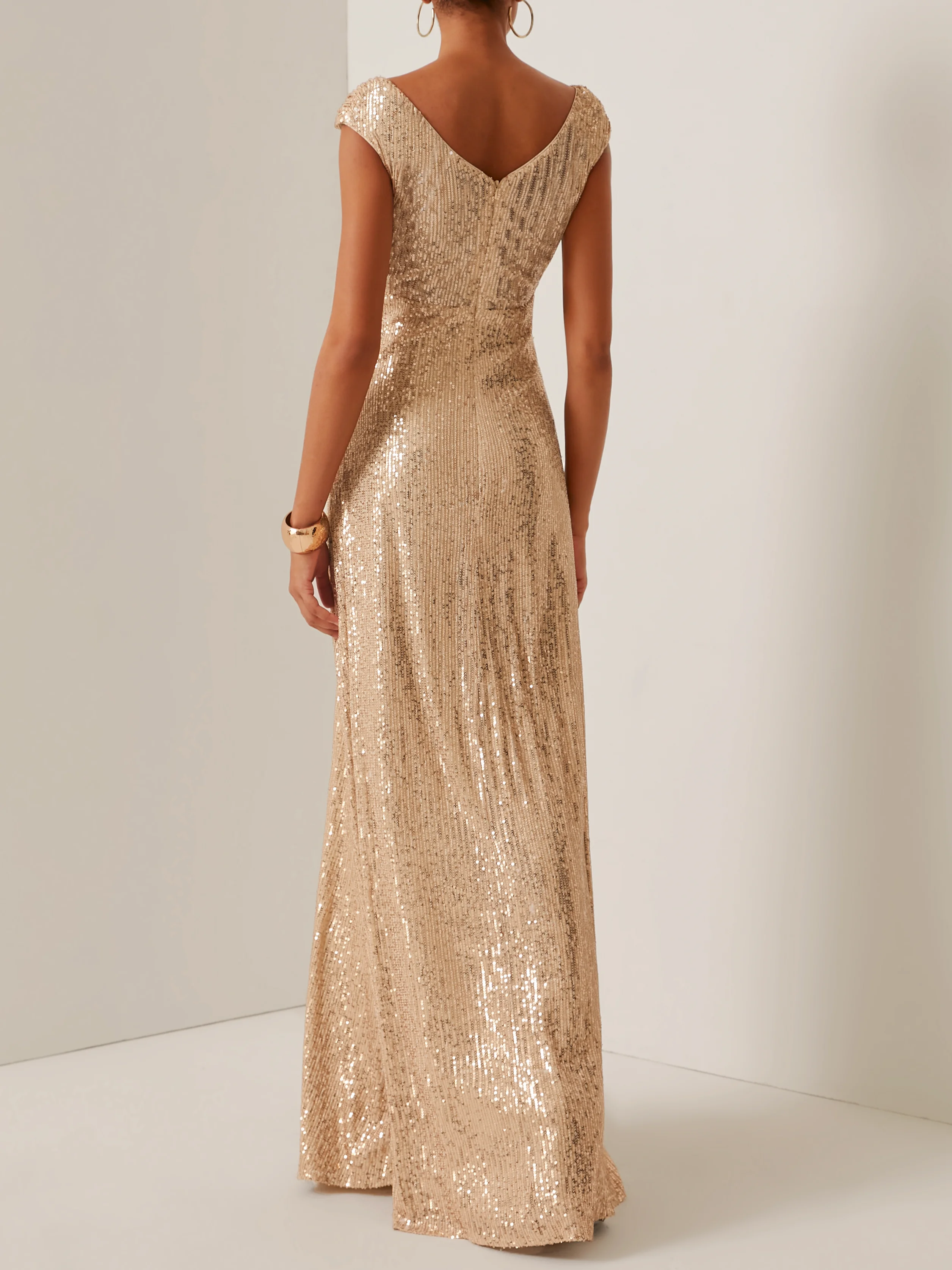 Golden Sequin Sleeveless Long Evening Dress for Prom and Cocktail