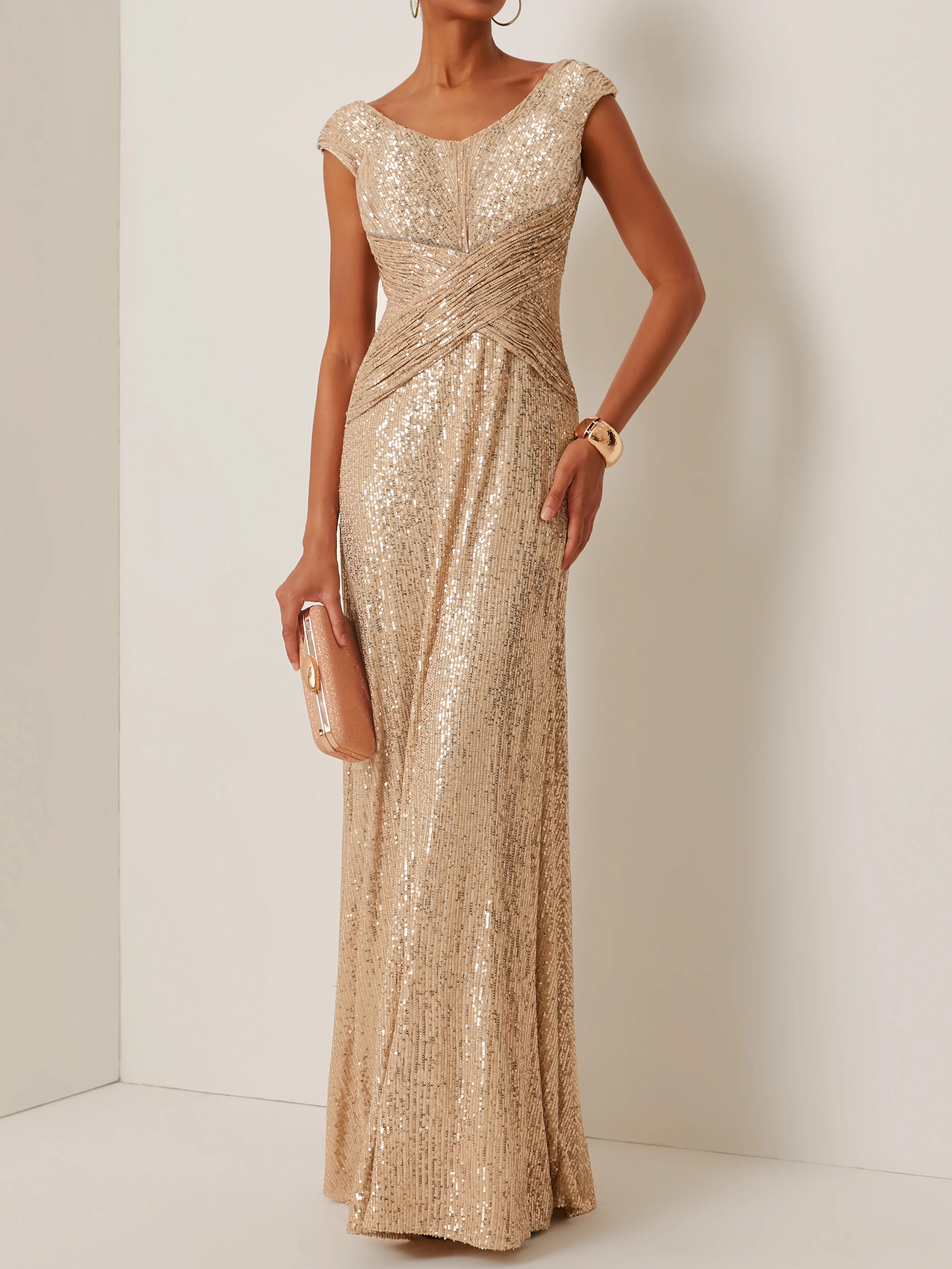 Golden Sequin Sleeveless Long Evening Dress for Prom and Cocktail