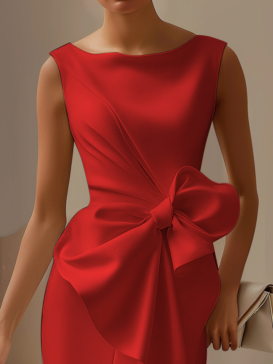 Red 3D Bow Sleeveless Knee-Length Sheath Dress