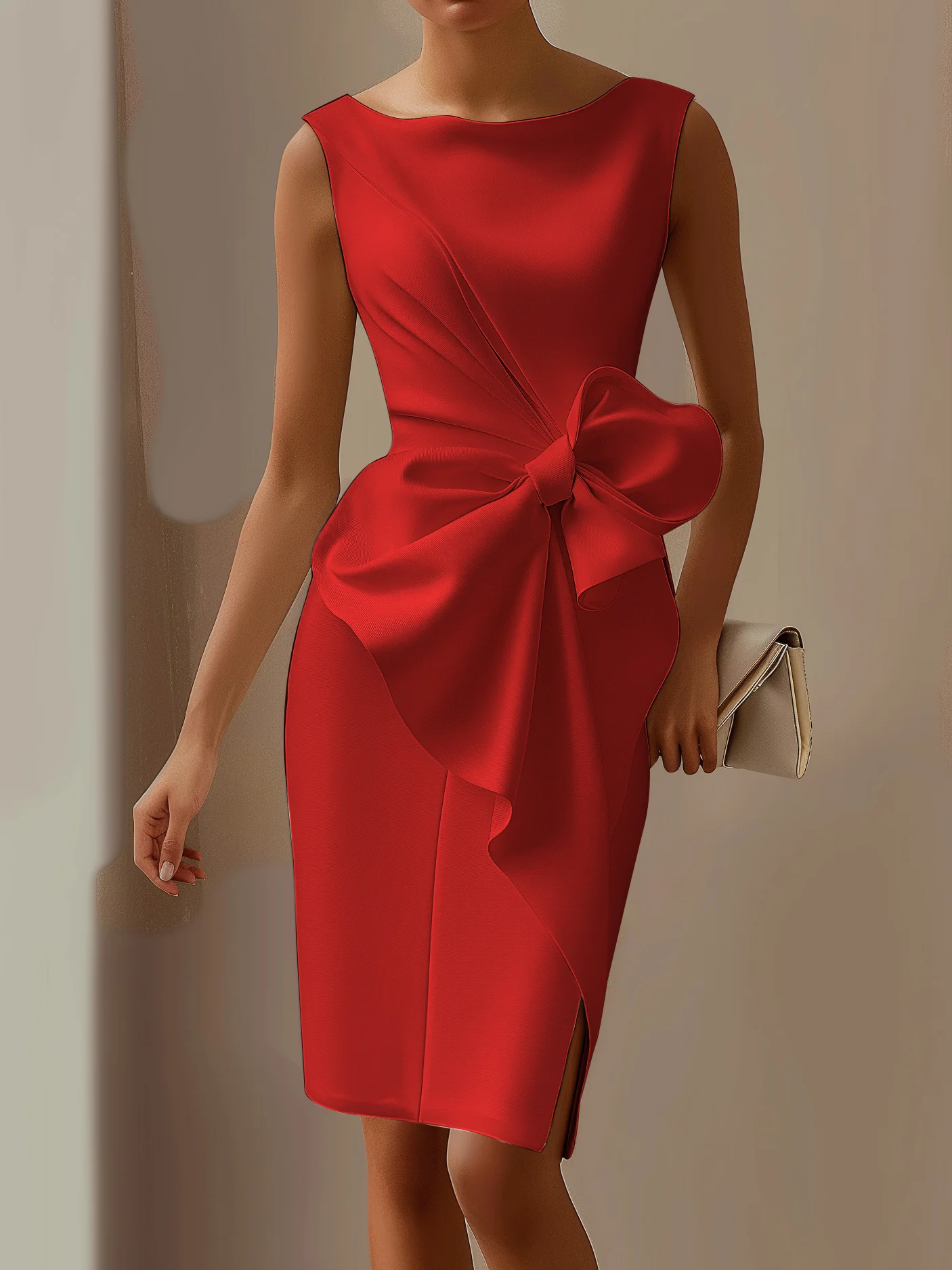 Red 3D Bow Sleeveless Knee-Length Dress