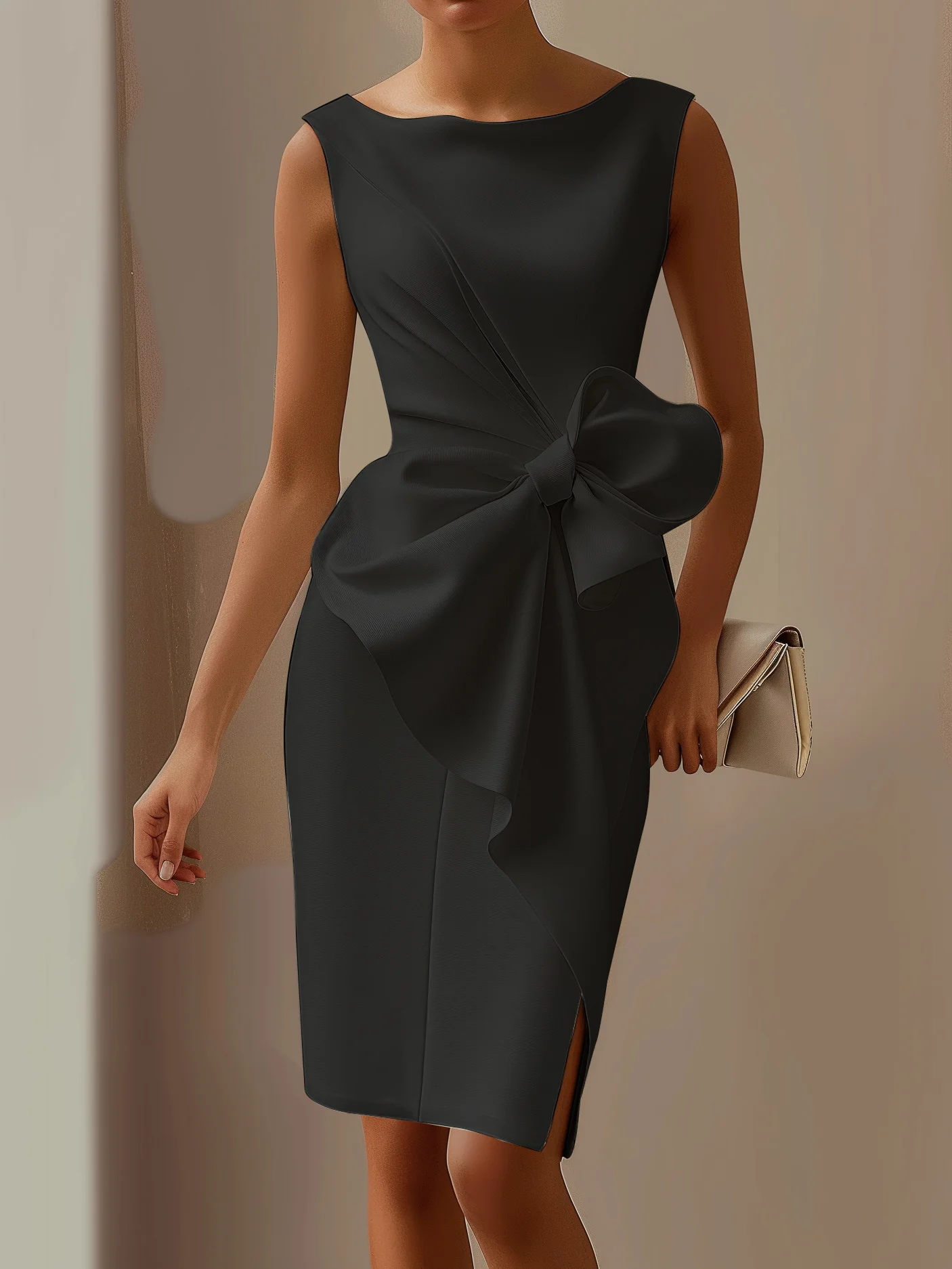 Black 3D Bow Sleeveless Sheath Midi dress