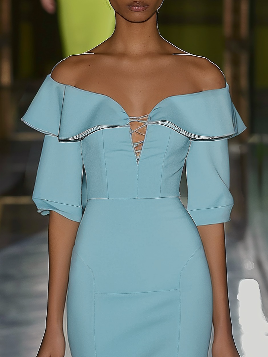 Blue Off The Shoulder Sheath Midi Dress