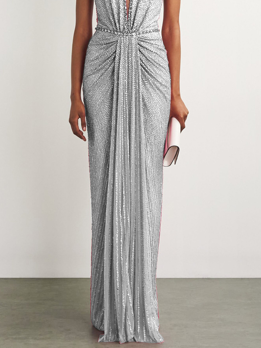 Silver Sequin Rhinestone Halter Sleeveless Sheath Maxi Dress