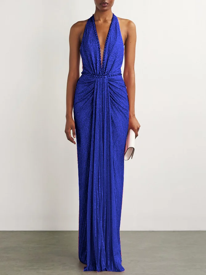 Blue Sequin Rhinestone Halter Sleeveless Sheath Maxi Dress