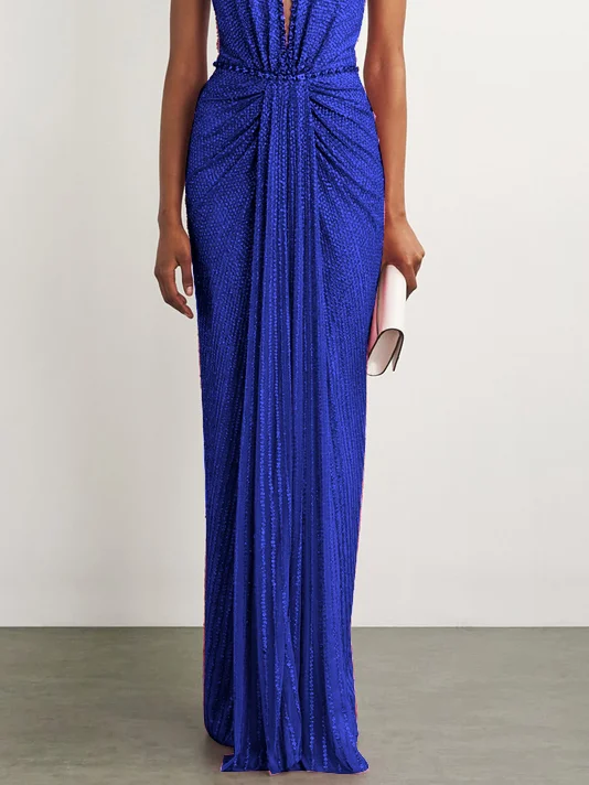 Blue Sequin Rhinestone Halter Sleeveless Sheath Maxi Dress