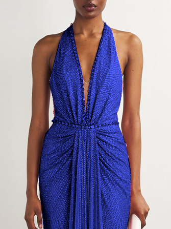 Blue Sequin Rhinestone Halter Sleeveless Sheath Maxi Dress