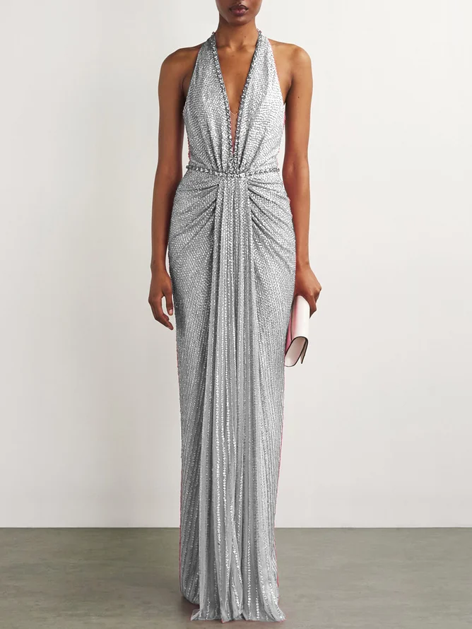 Silver Sequin Rhinestone Halter Sleeveless Sheath Maxi Dress