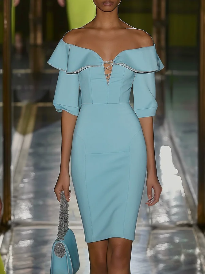 Blue Off The Shoulder Sheath Midi Dress