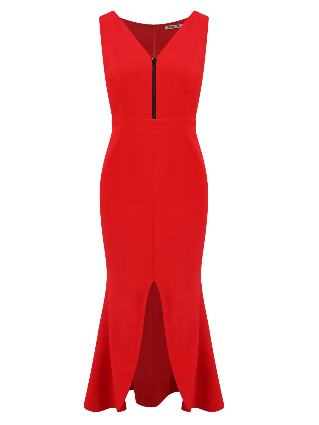 Red Zipper V Neck Sleeveless Slit Mermaid Midi Dress