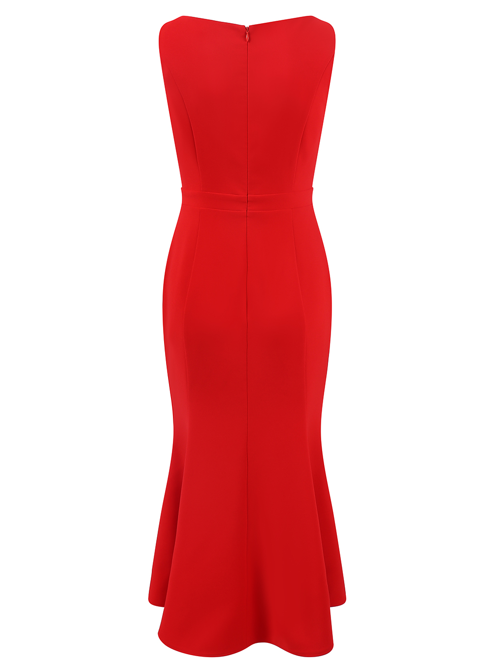 Red Zipper V Neck Sleeveless Slit Mermaid Midi Dress