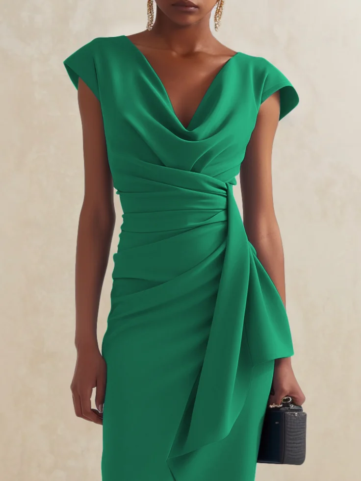 Green Cowl Neck Ruched Cap Sleeve Sheath Midi Dress