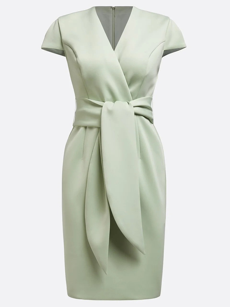 Light Green Tie Waist V Neck Short Sleeve Sheath Midi Dress