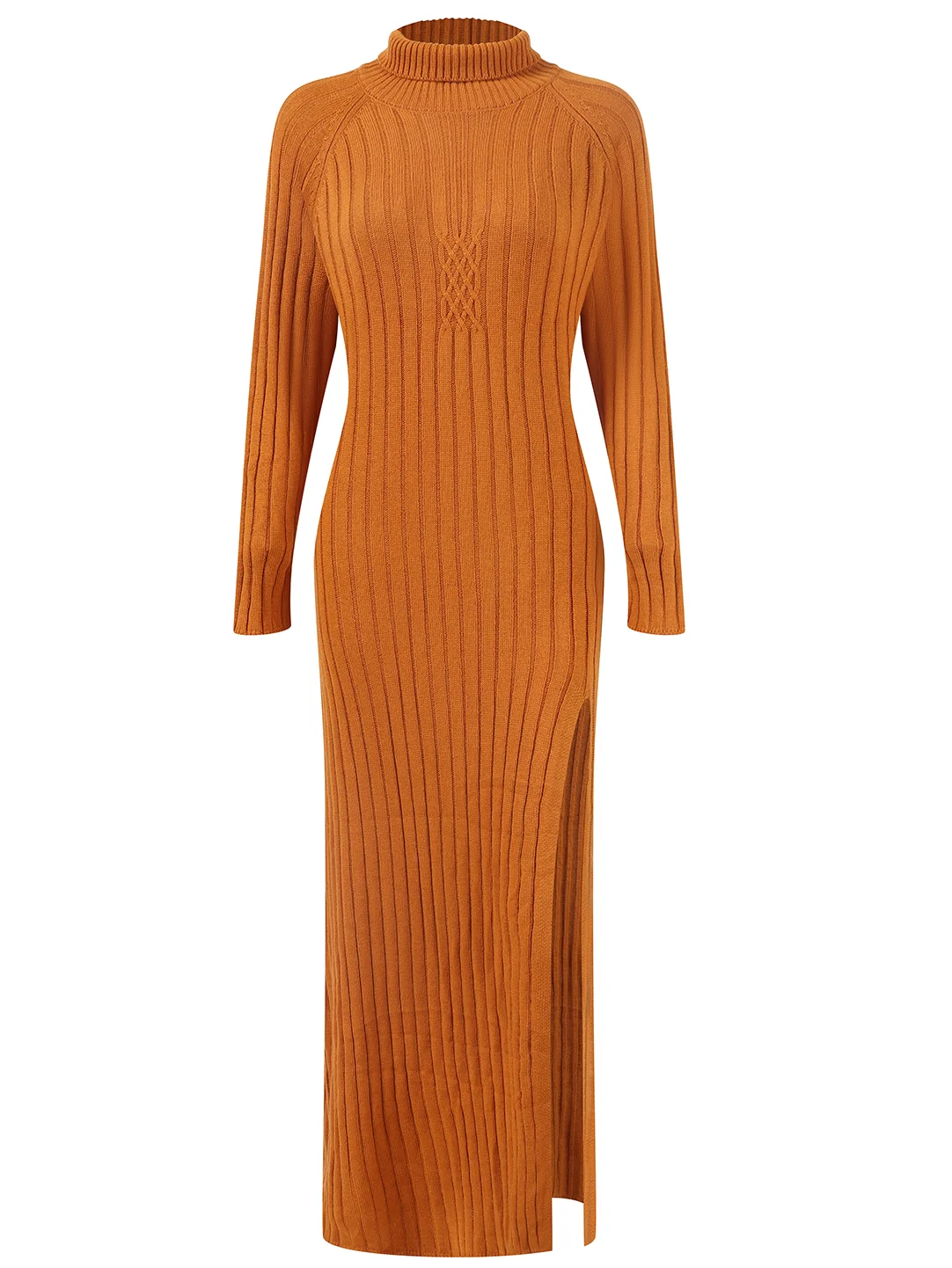 Brown High Neck A-Line Slit Maxi Wool Sweater Dress 