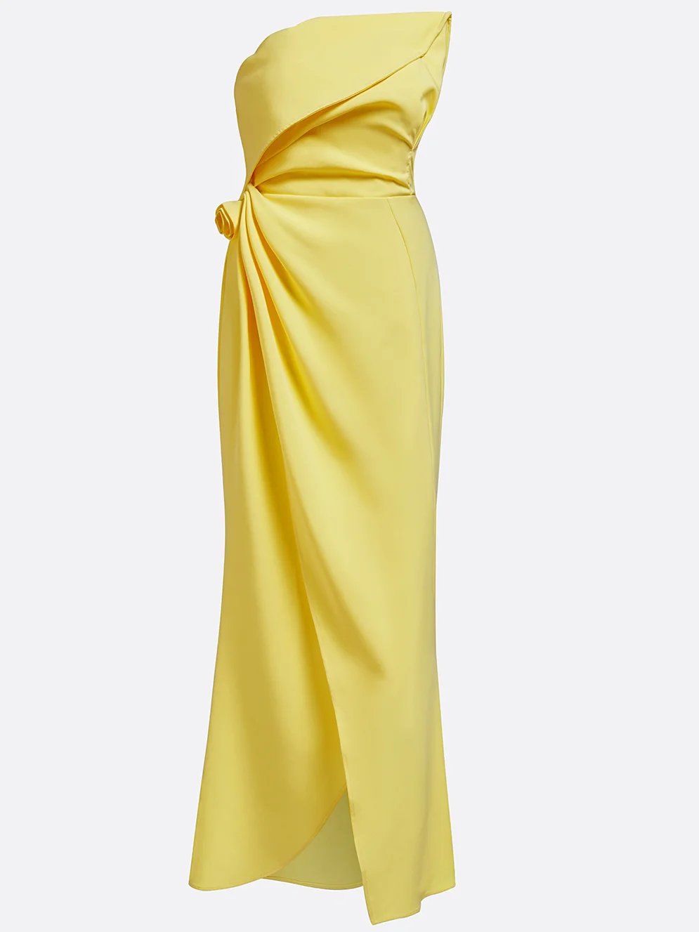 Yellow 3D Floral Ruched Strapless A-Line Gown