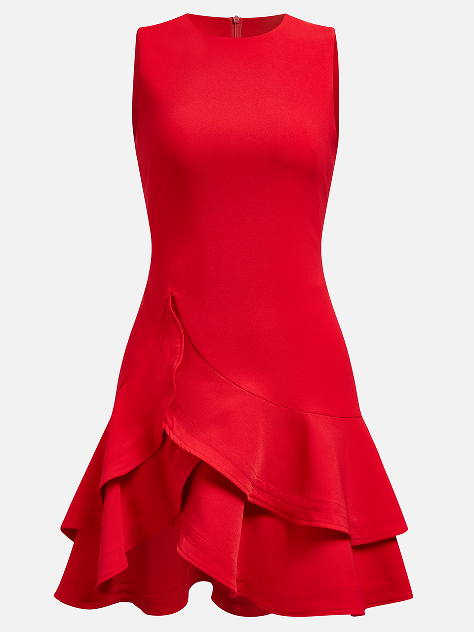 Red Ruffled Crew Neck Sleeveless Sheath Mini Dress