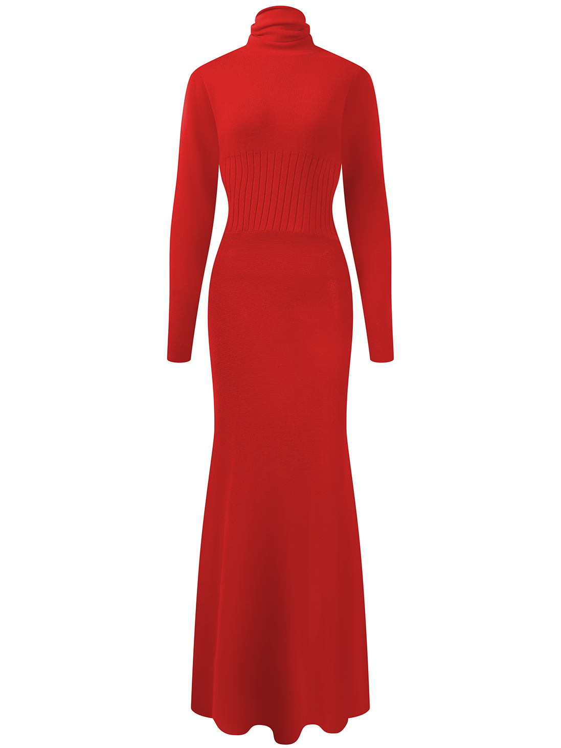 Red Neck Long Sleeve A-Line Maxi Wool Sweater Dress