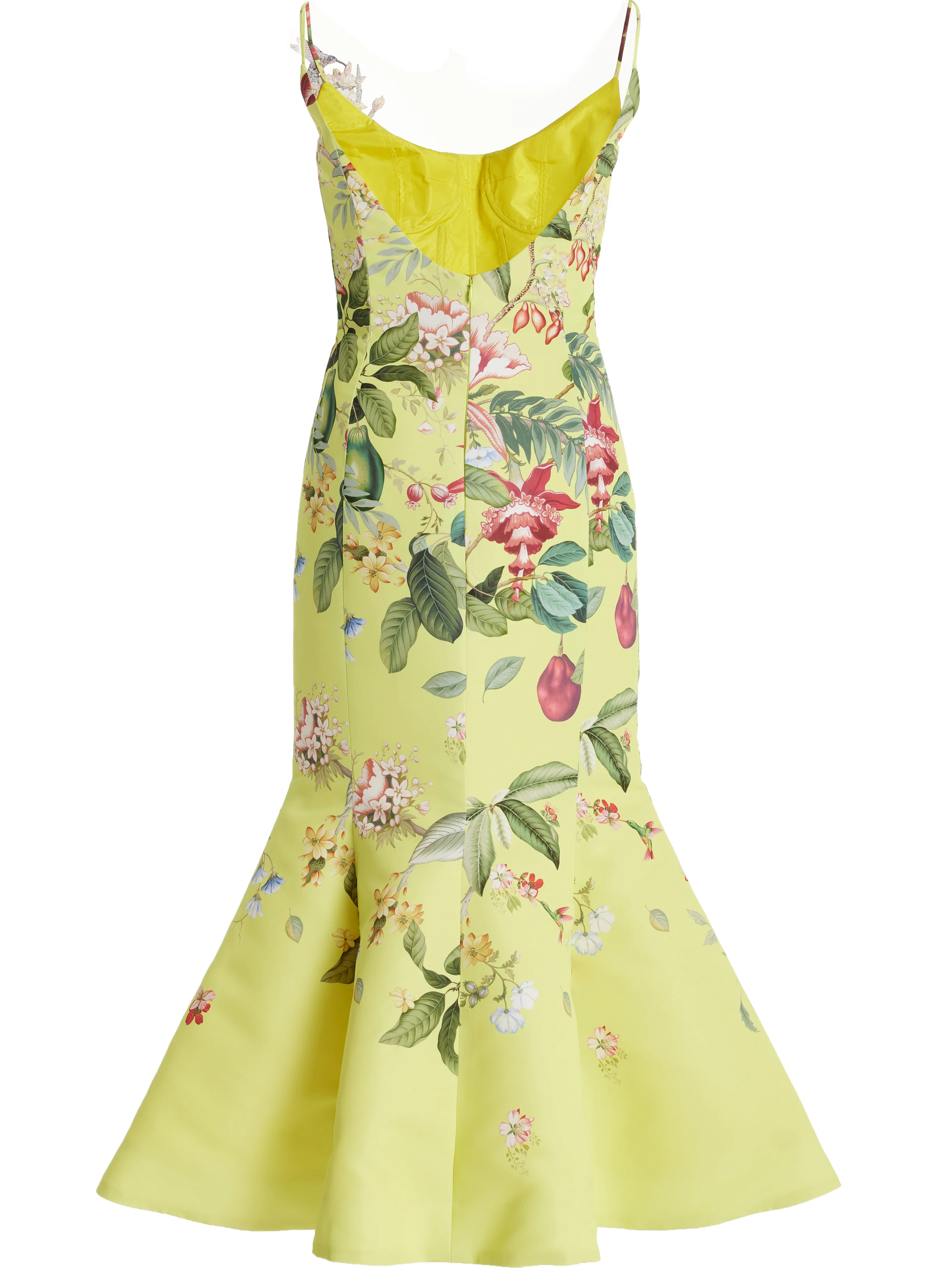 Yellow Floral Applique Spaghetti Mermaid Midi Dress 